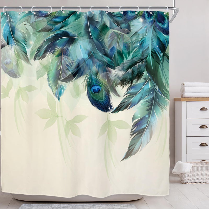 Riyidecor Teal Peacock Turquoise Feather Shower Curtain for Bathroom Decor 72Wx72H Inch Watercolor Green Leaf Bathtub Accessories for Women Girl Vintage Floral Panel Set Fabric Waterproof 12 Pack Hook - Image 2